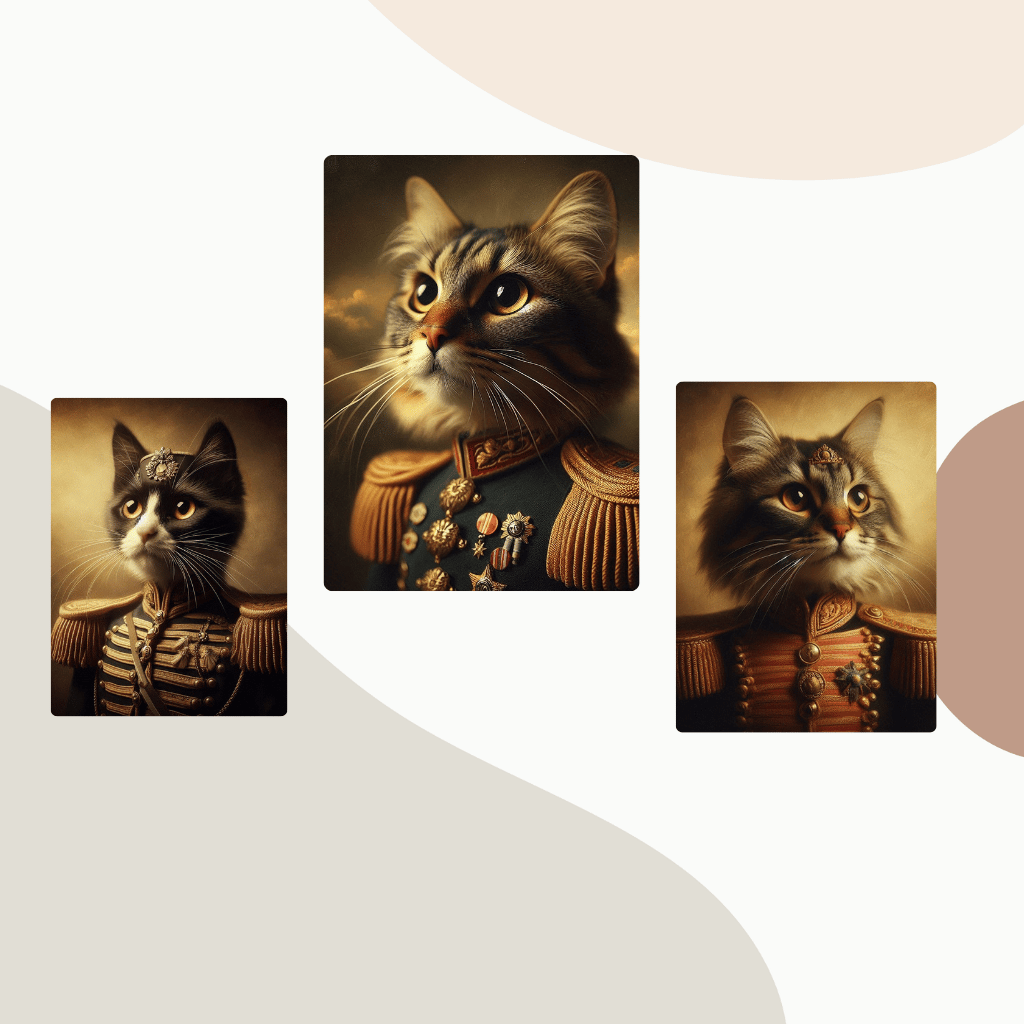 Novelty Animal Photography  Creative Cat Art  Amusing Pet Portrait  Distinctive Cat Decoration,,Funny Cat in Military Uniform  Humorous Cat Portrait  Quirky Military Feline  Cat with Medals  Military-Themed Cat Photo  Playful Cat Soldier  Unique Cat Costu