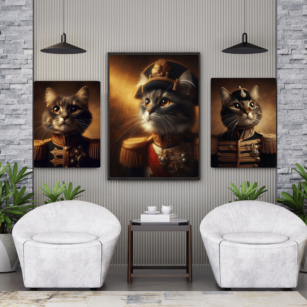 Novelty Animal Photography  Creative Cat Art  Amusing Pet Portrait  Distinctive Cat Decoration,Funny Cat in Military Uniform  Humorous Cat Portrait  Quirky Military Feline  Cat with Medals  Military-Themed Cat Photo  Playful Cat Soldier  Unique Cat Costum