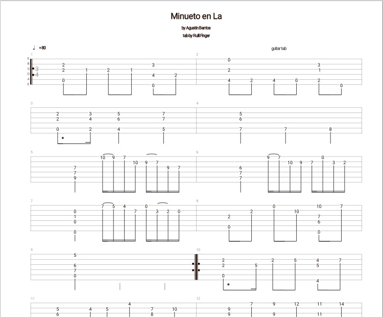 Agustin Barrios - Minueto en La Classical Guitar Tabs