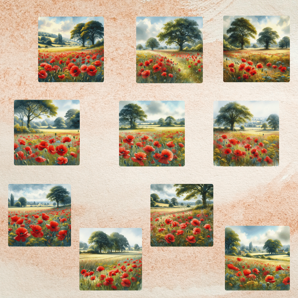 Poppy field landscape  Rural scenery with poppies  Countryside nature painting  Vibrant red poppies in a meadow  Tranquil countryside view  Sunlit meadow with flowers  Idyllic rural scene with trees  Wildflower field at sunrise  Golden hour countryside pa
