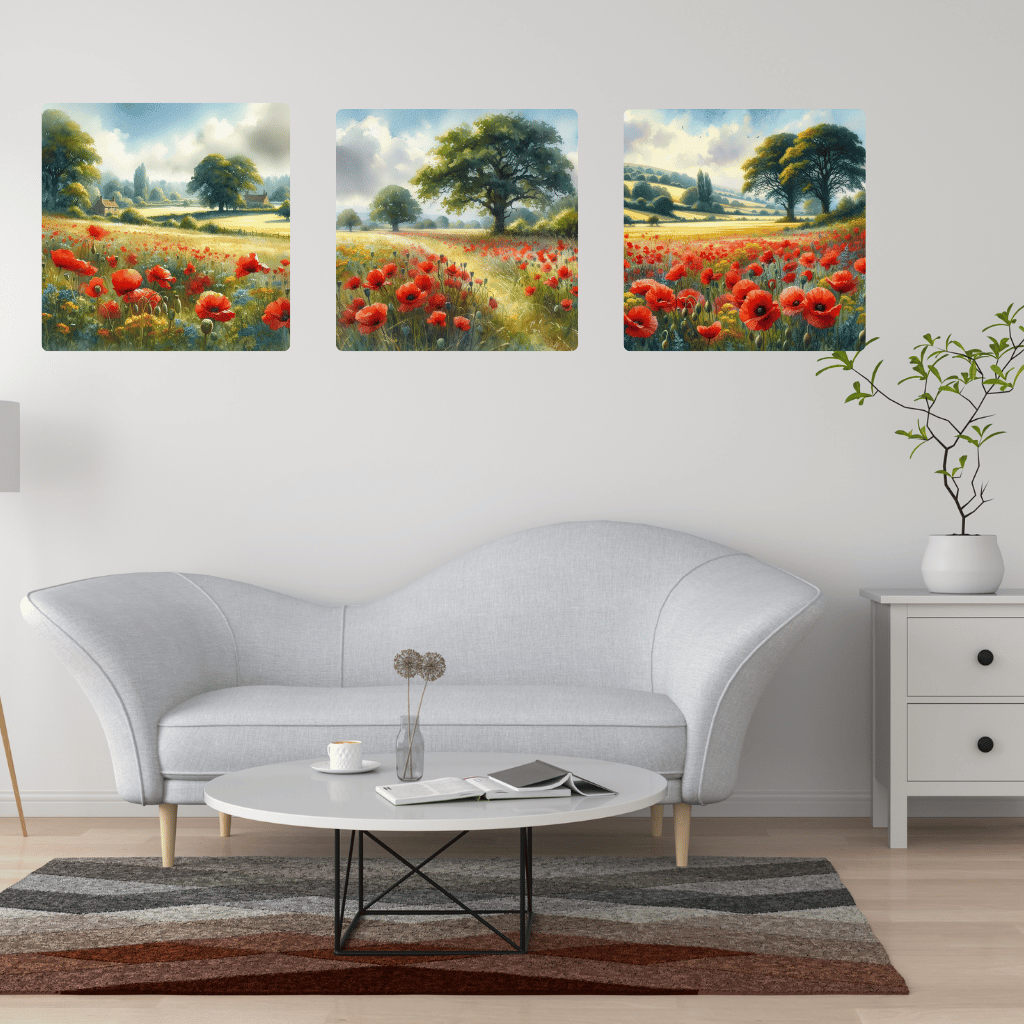 Poppy field landscape  Rural scenery with poppies  Countryside nature painting  Vibrant red poppies in a meadow  Tranquil countryside view  Sunlit meadow with flowers  Idyllic rural scene with trees  Wildflower field at sunrise  Golden hour countryside pa