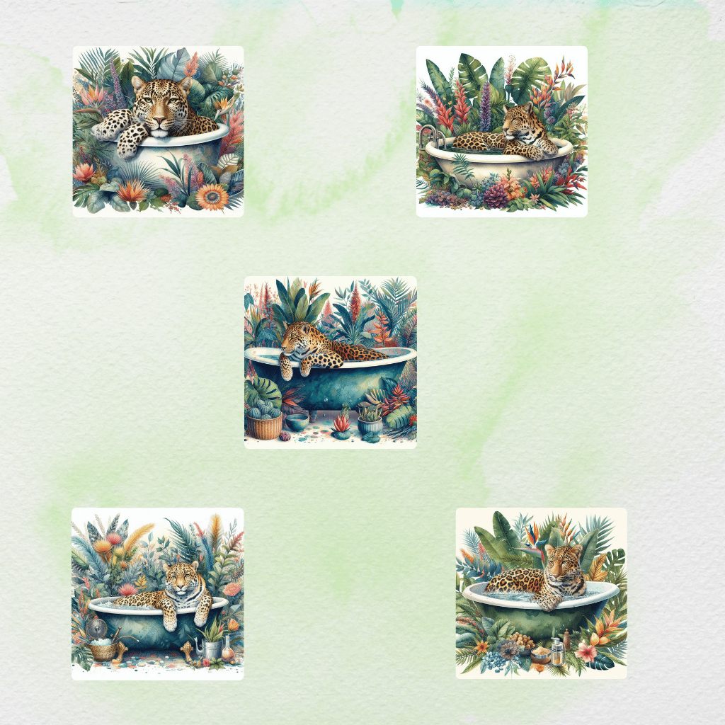 Cute leopard in bathtub  Funny big cat illustration  Relaxing leopard painting  Whimsical animal artwork  Tropical bath scene art  Leopard and flowers digital print  Playful jungle cat cartoon  Exotic animal wall decor  Adorable wildlife-themed art  Fanta