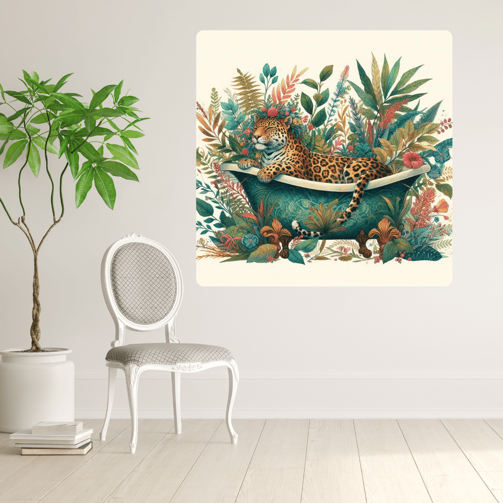 Cute leopard in bathtub  Funny big cat illustration  Relaxing leopard painting  Whimsical animal artwork  Tropical bath scene art  Leopard and flowers digital print  Playful jungle cat cartoon  Exotic animal wall decor  Adorable wildlife-themed art  Fanta