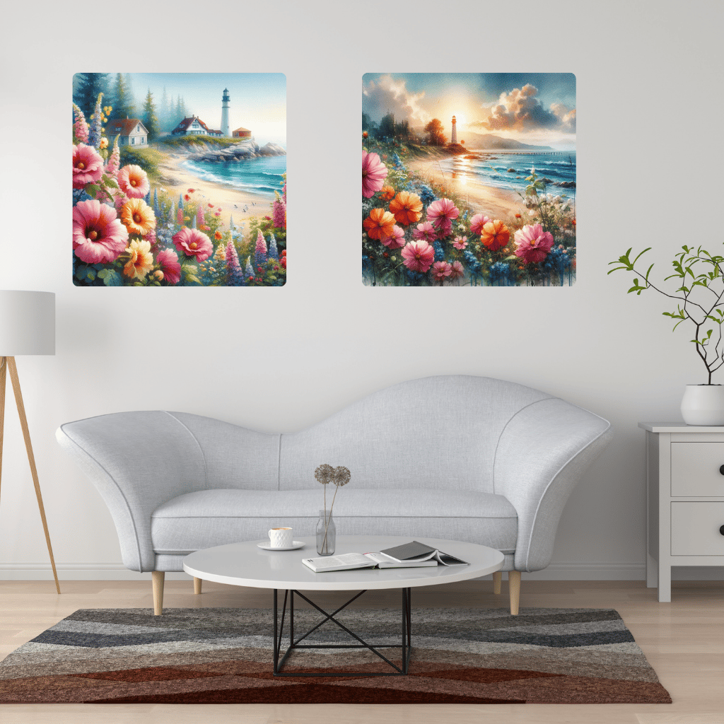 Coastal lighthouse scenery  Seaside floral landscape  Picturesque beach lighthouse  Ocean view with wildflowers  Tranquil coastal painting  Seaside nature art print  Lighthouse and waves illustration  Dreamy beach sunrise scene  Romantic coastal scenery  