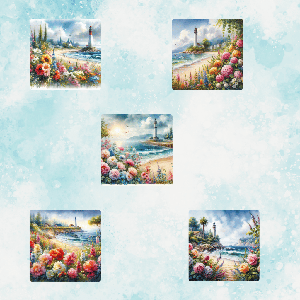 Coastal lighthouse scenery  Seaside floral landscape  Picturesque beach lighthouse  Ocean view with wildflowers  Tranquil coastal painting  Seaside nature art print  Lighthouse and waves illustration  Dreamy beach sunrise scene  Romantic coastal scenery  