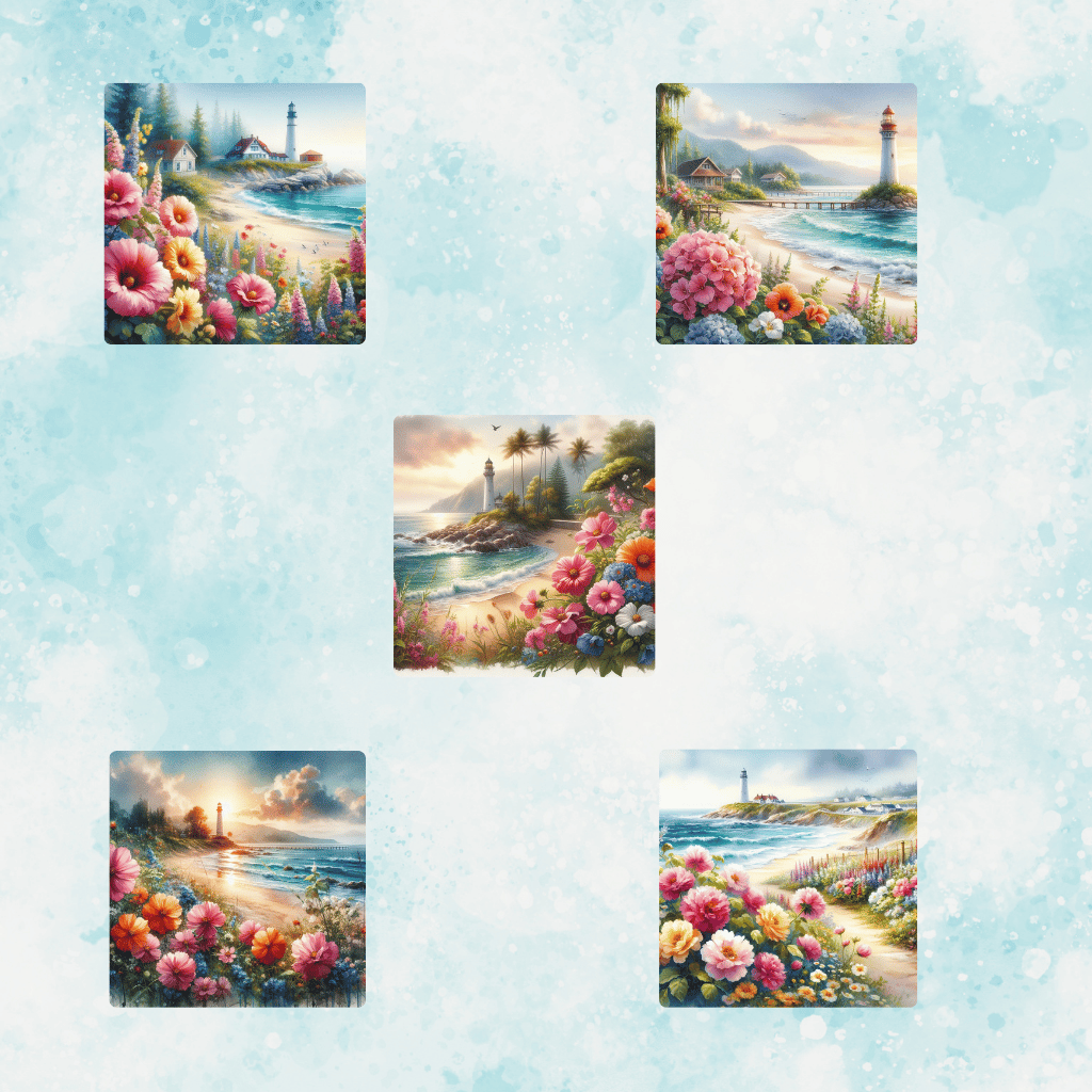 Coastal lighthouse scenery  Seaside floral landscape  Picturesque beach lighthouse  Ocean view with wildflowers  Tranquil coastal painting  Seaside nature art print  Lighthouse and waves illustration  Dreamy beach sunrise scene  Romantic coastal scenery  