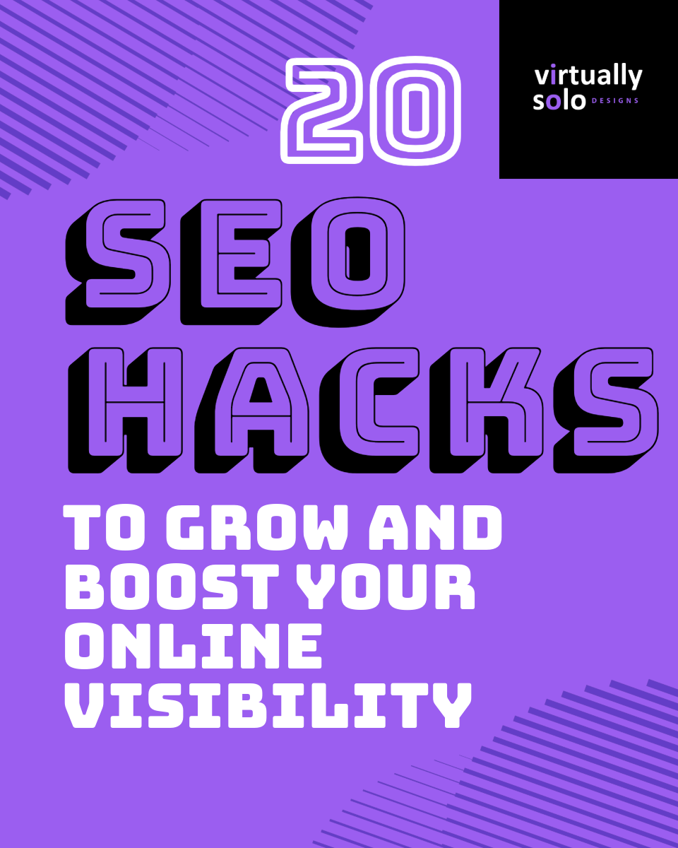 Purple, black, and white graphic with bold font for SEO Hacks to boost your online visibility