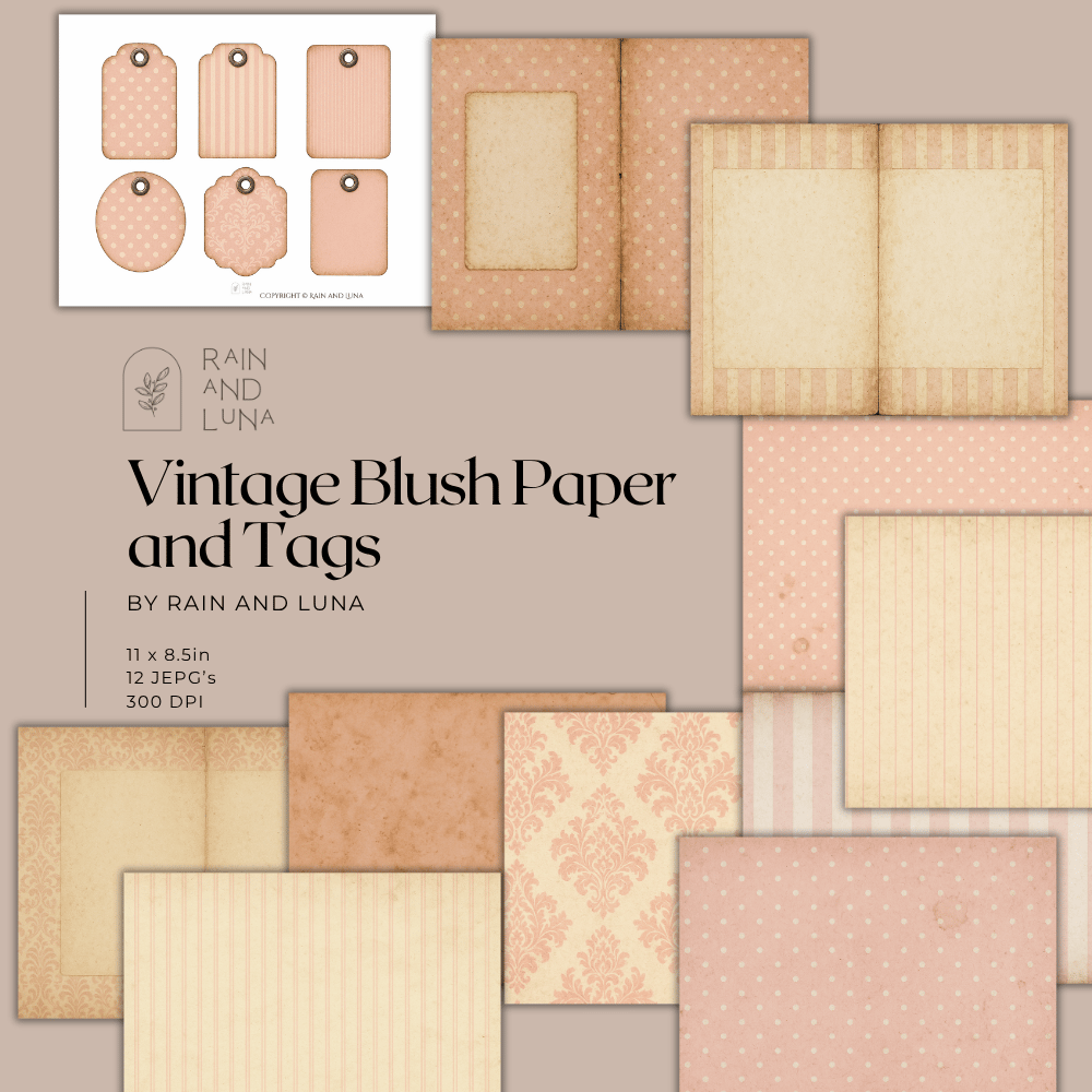 🌸 Vintage Blush Pink Digital Paper & Tags – Shabby Cottage Junk Journal Kit