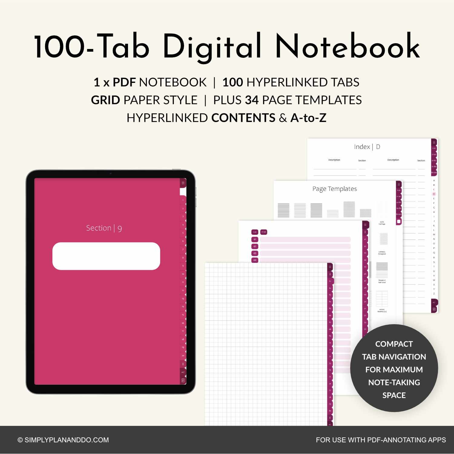 100-Tab Digital Notebook | Grid 'Paper' style | PDF with hyperlinked ...