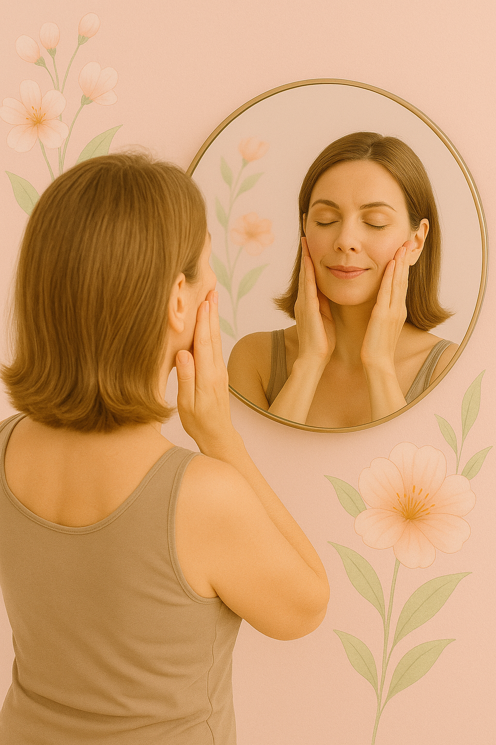 Mulher a praticar autodrenagem facial diante do espelho – curso de autocuidado para ativação do sistema linfático e bem-estar