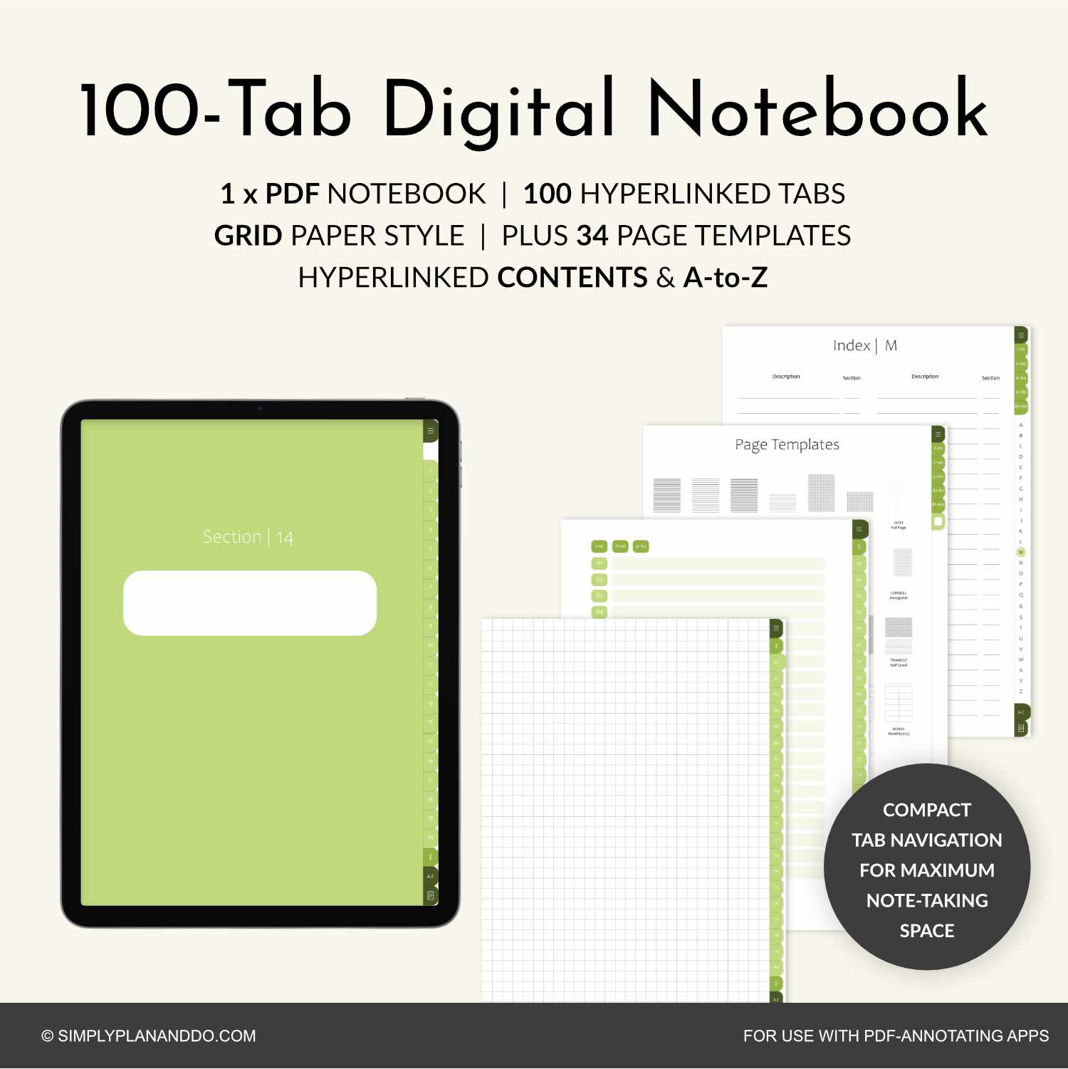 100-Tab Digital Notebook | Grid 'Paper' style | PDF with hyperlinked ...