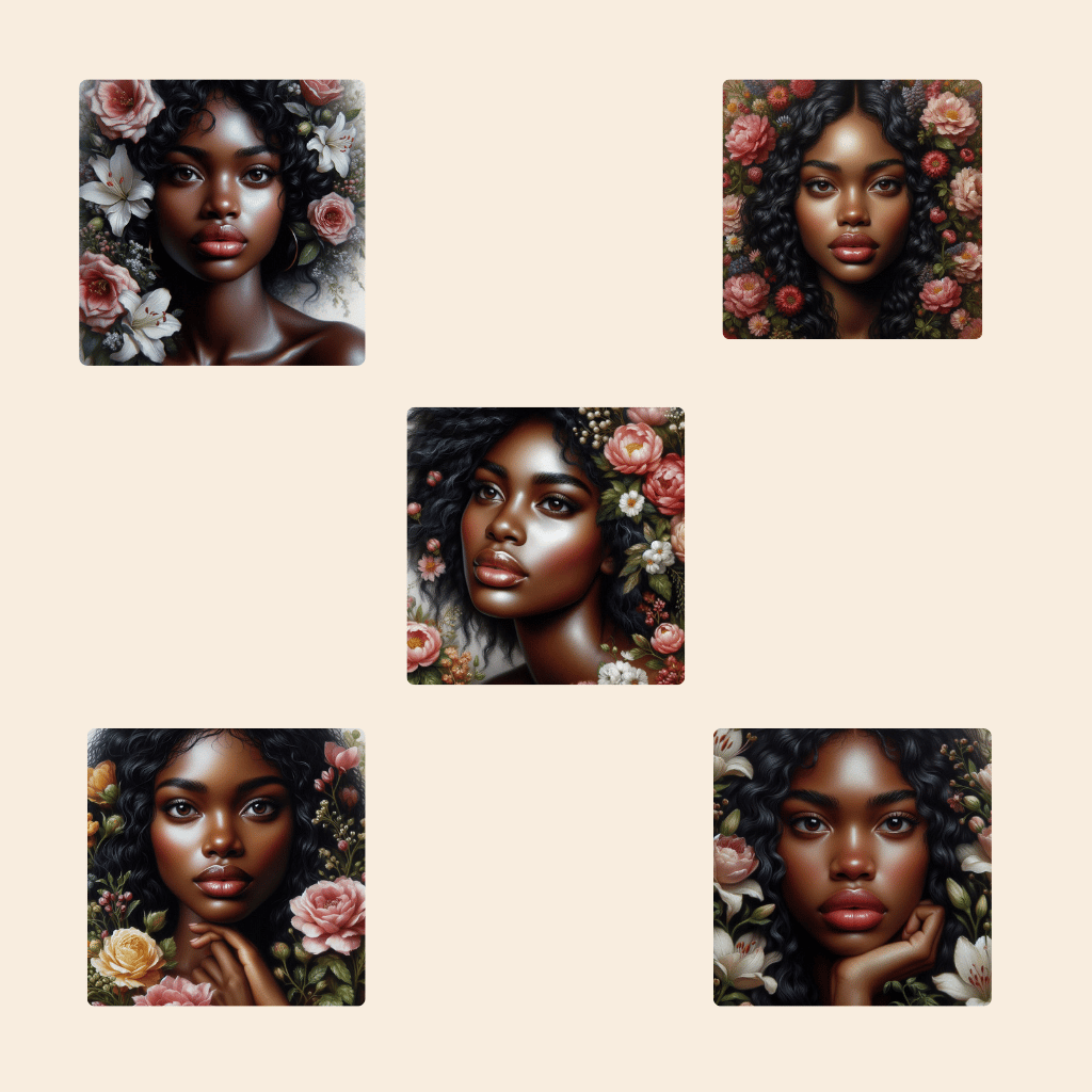 frican-American girl portrait  Beautiful Afro hair  Floral hair adornment  Sparkling glowing skin  Modern African beauty  Natural beauty photography  Radiant complexion portrait  Elegant floral hairstyle  Expressive gaze portrait  Vibrant floral elements 