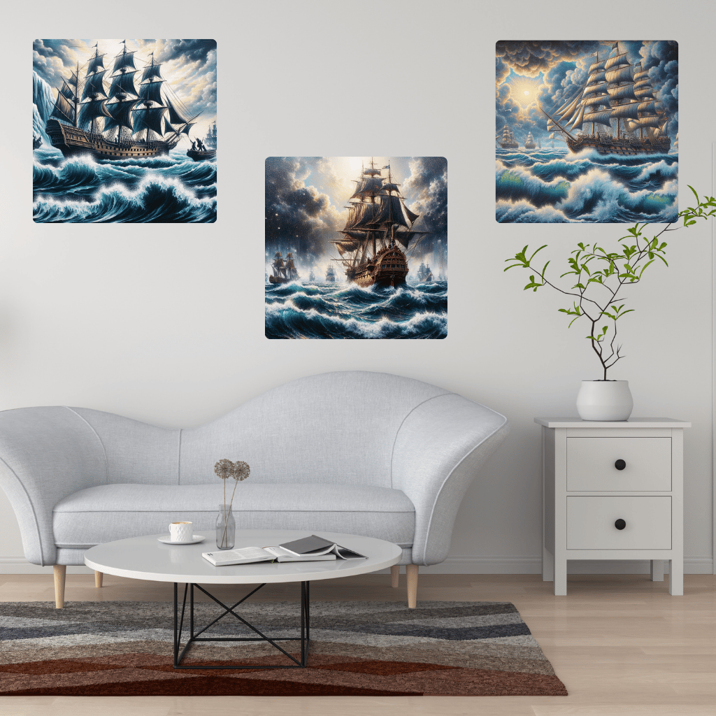 Massive Sailing Ships  Stormy Sea  Maritime Adventure  Historic Sailing Ships  Dramatic Ocean Storm  Swirling Waves  Lightning Storm  Epic Sea Battle  Heroic Seafaring  Bold Nautical Imagery  Ocean Fury  Gusty Winds  High Seas Adventure  Nautical Struggle