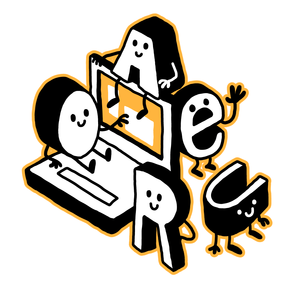 a bunch of cartoon letters sitting on a computer