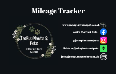 A photo of the Jacks Plants & Pets logo and Jacks Plants & Pets social media accounts. This is all under the title of Mileage Tracker.