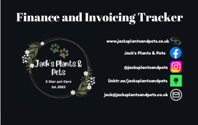 Title page for the Finance and Invoicing Tracker. It has Jacks Plants & Pets social media channels and the logo.