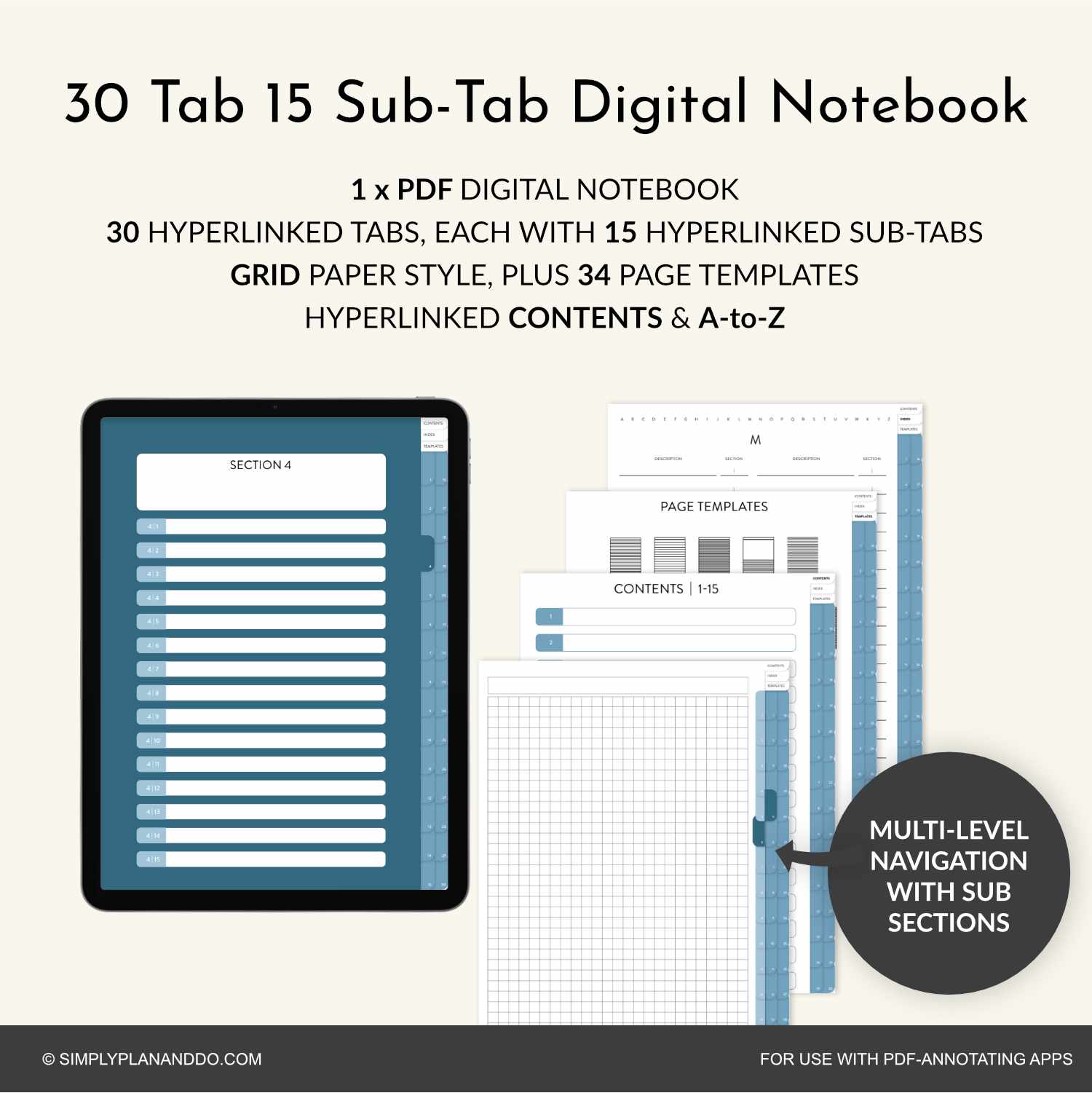 30-Tab 15-Sub Tab Digital Notebook | Grid style | PDF with hyperlinked ...