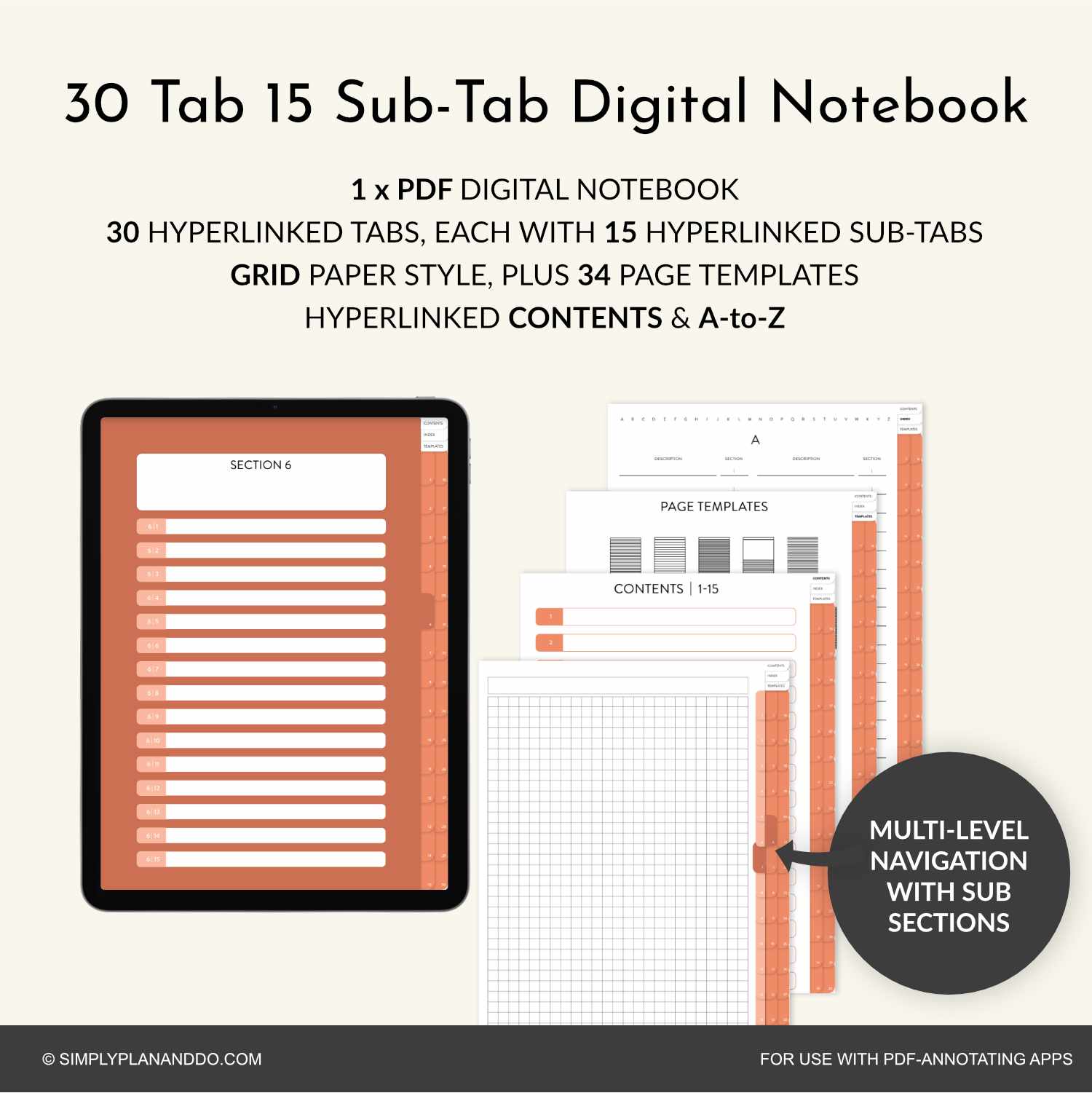 Sub Notebook Example 30-Tab 15-Sub Tab Digital Notebook | Grid style | PDF with hyperlinked ...