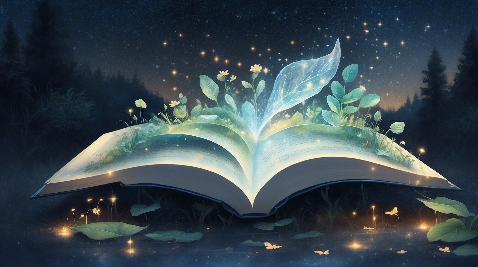 A glowing magical tree with open books floating around its branches, surrounded by children and adults in wonder, under a dreamy twilight sky with soft clouds and sparkles.