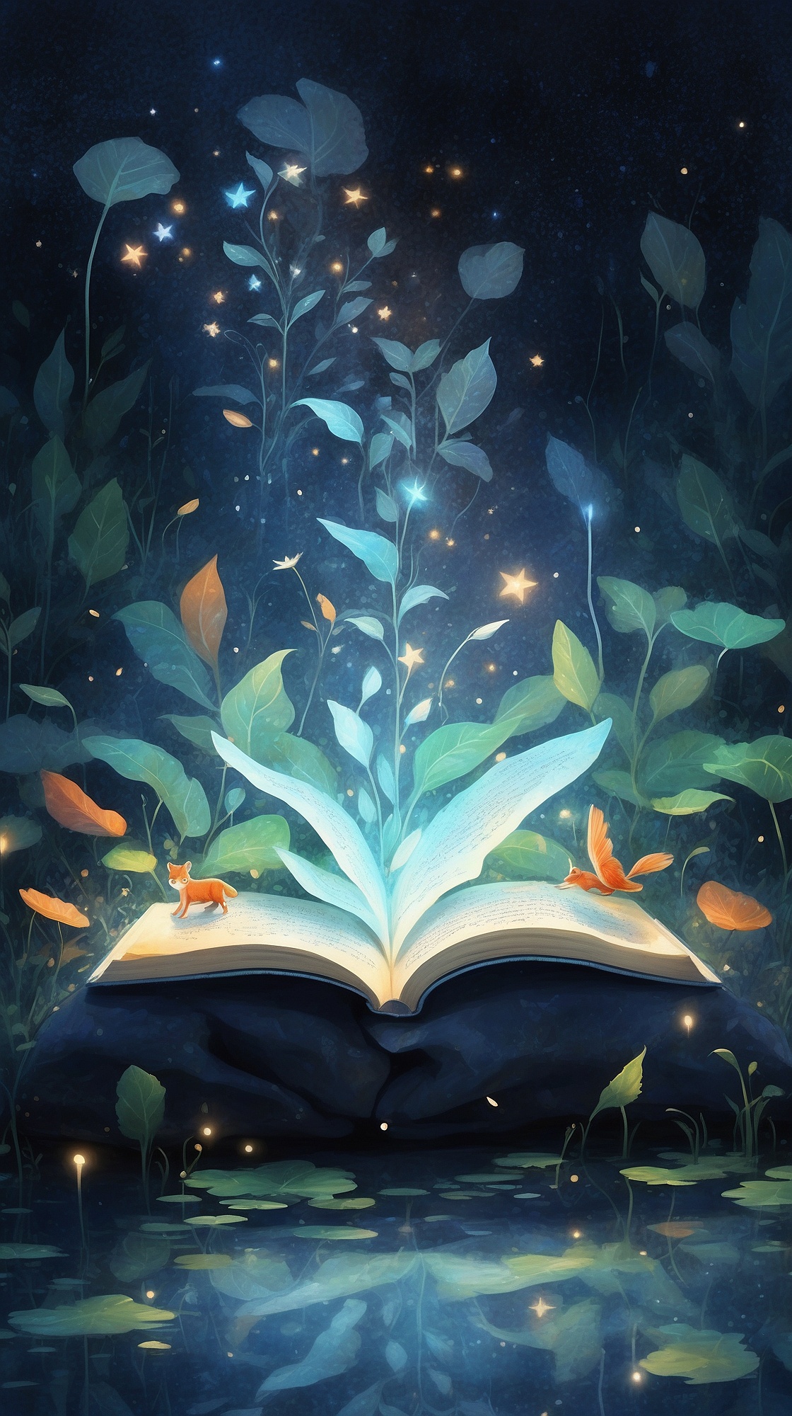 A dreamy open field at sunrise with glowing floating books, drifting paper boats, and a radiant tree made of light in the background, as diverse silhouettes of people look on in awe.