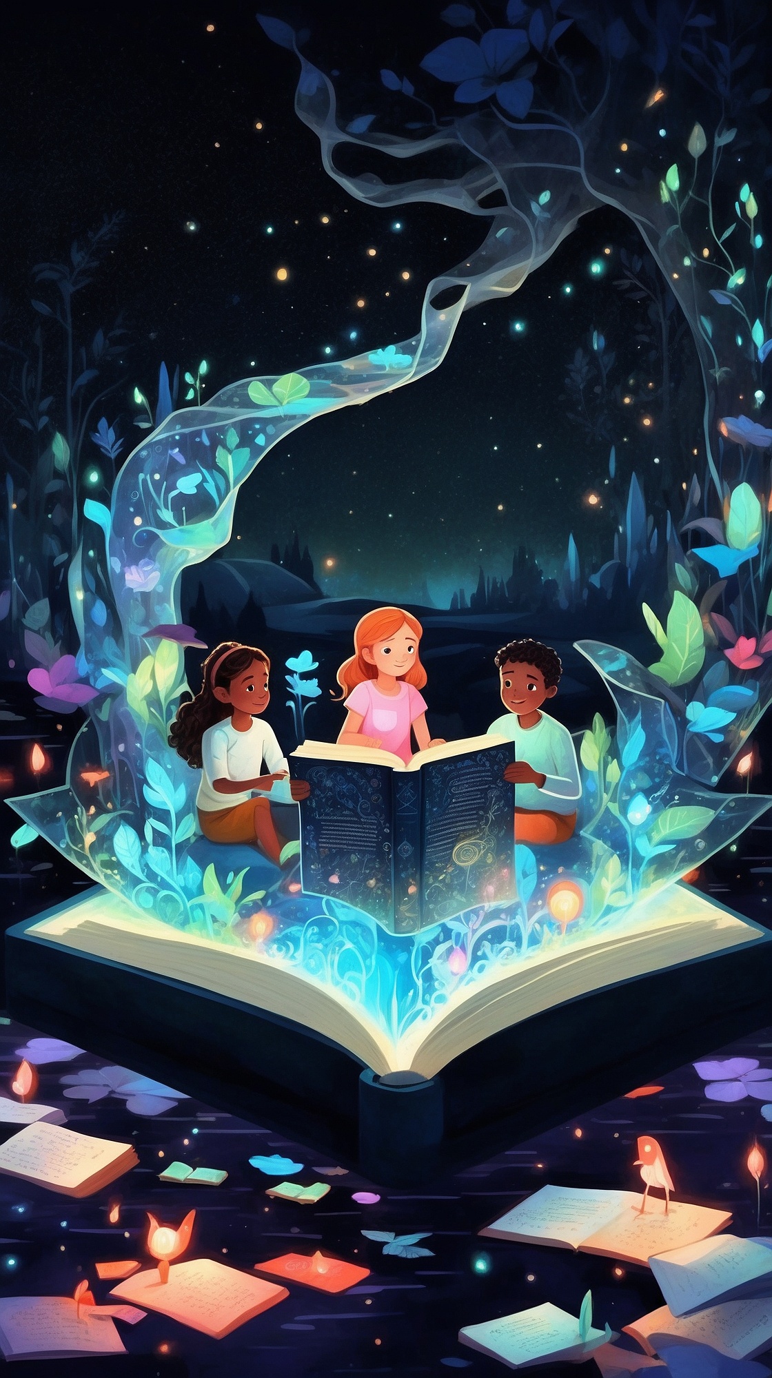 An enchanted open storybook glowing with light, characters from different ages and worlds emerging from the pages