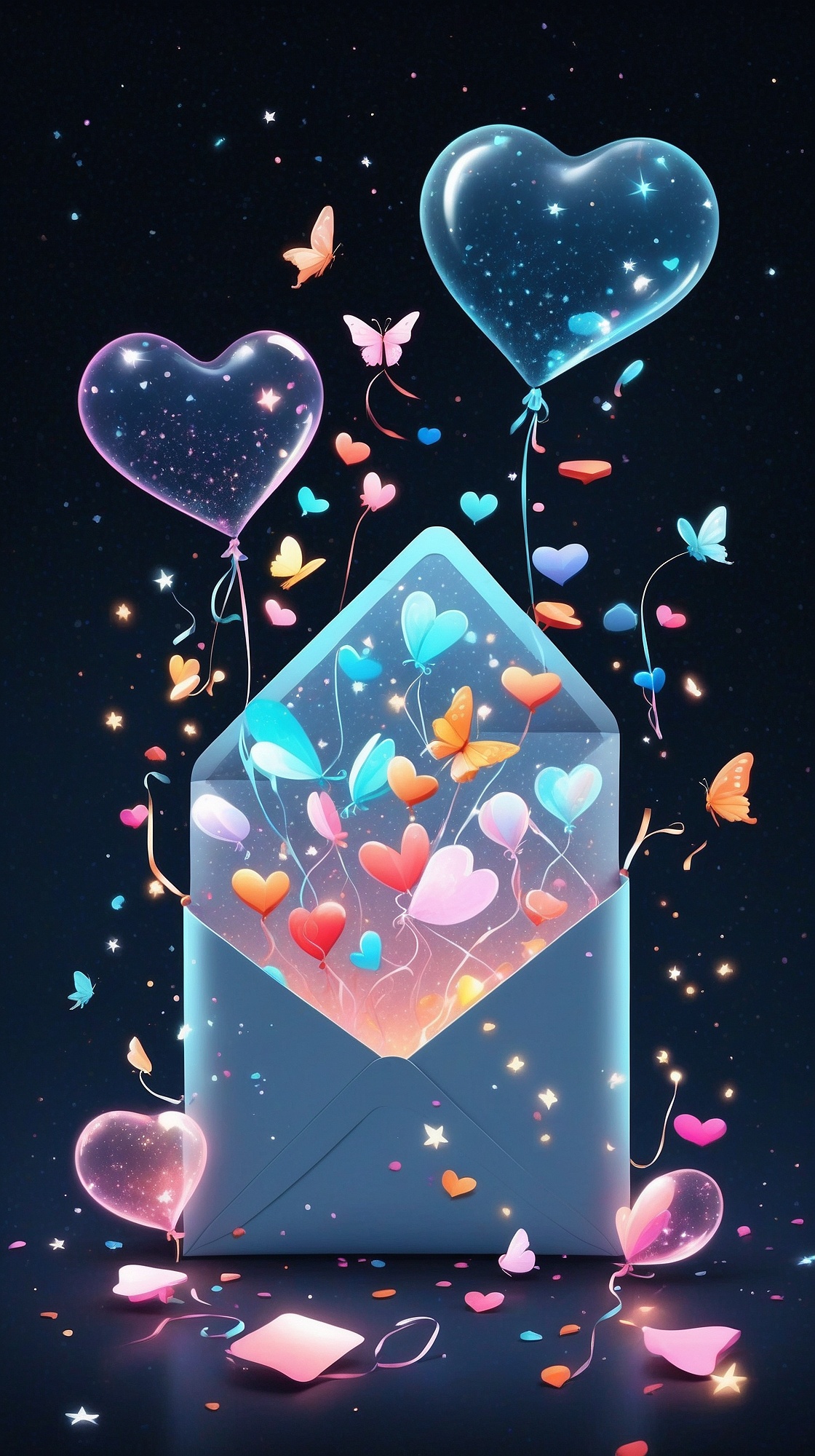 A glowing magical envelope opening to release sparkles, hearts, stars, and joyful animated symbols