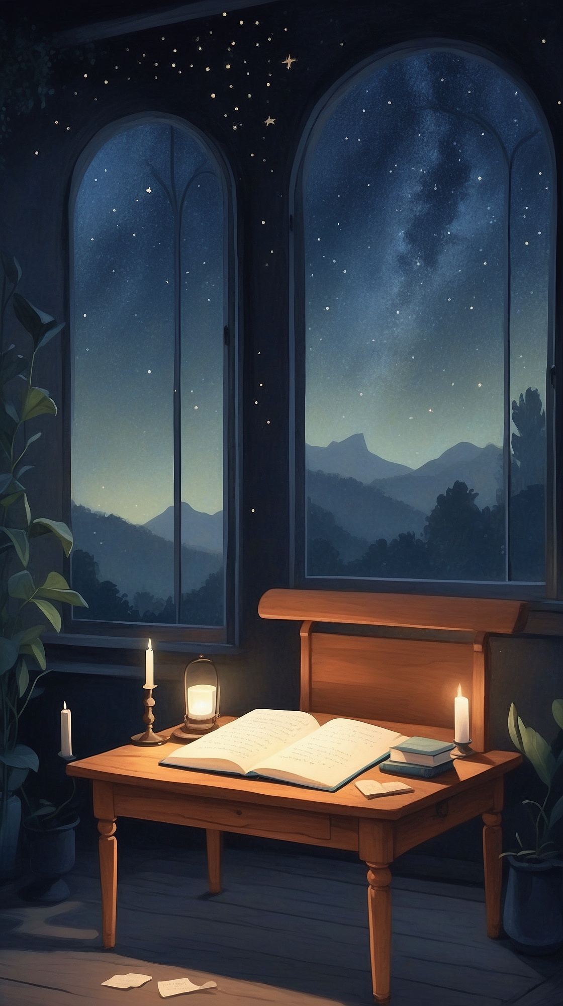 A calm and magical journaling space — an open journal glowing slightly, surrounded by floating affirmations, pens, stars, and soft lights