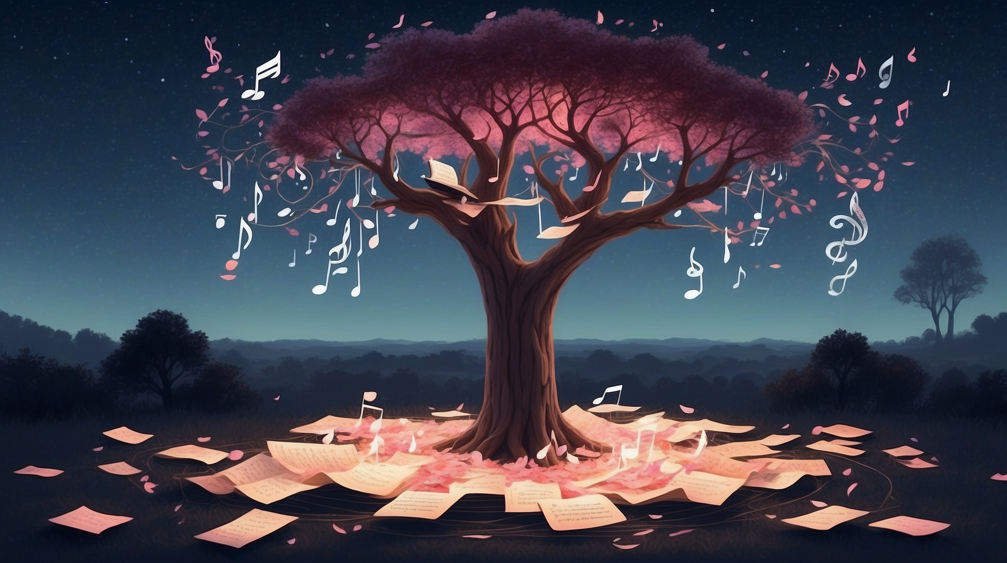 A luminous tree of imagination standing at the center of a dreamlike landscape — its branches made of glowing story threads, floating pages, musical notes, affirmations, and star-like ideas.