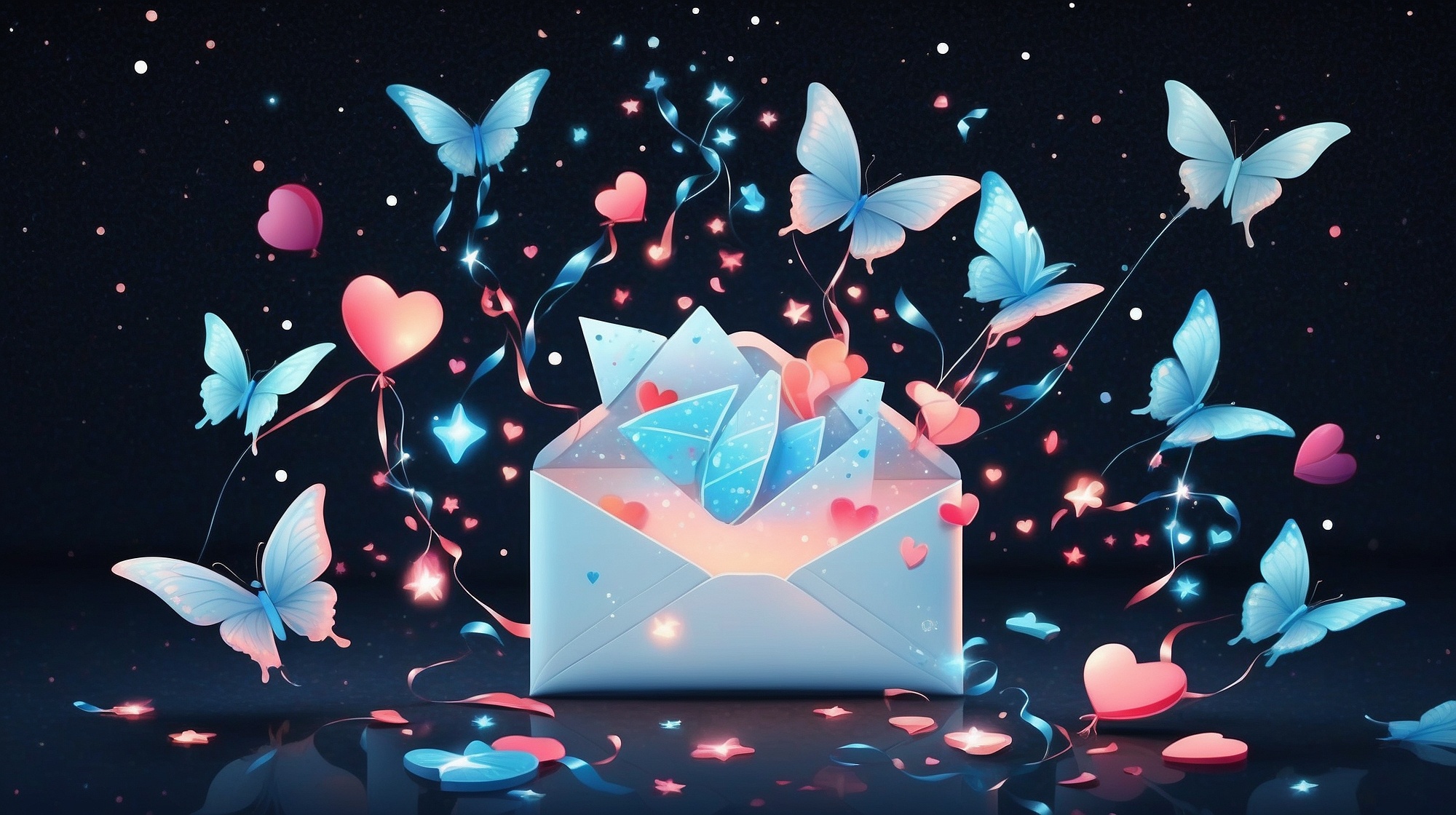 A glowing magical envelope opening to release sparkles, hearts, stars, and joyful animated symbols