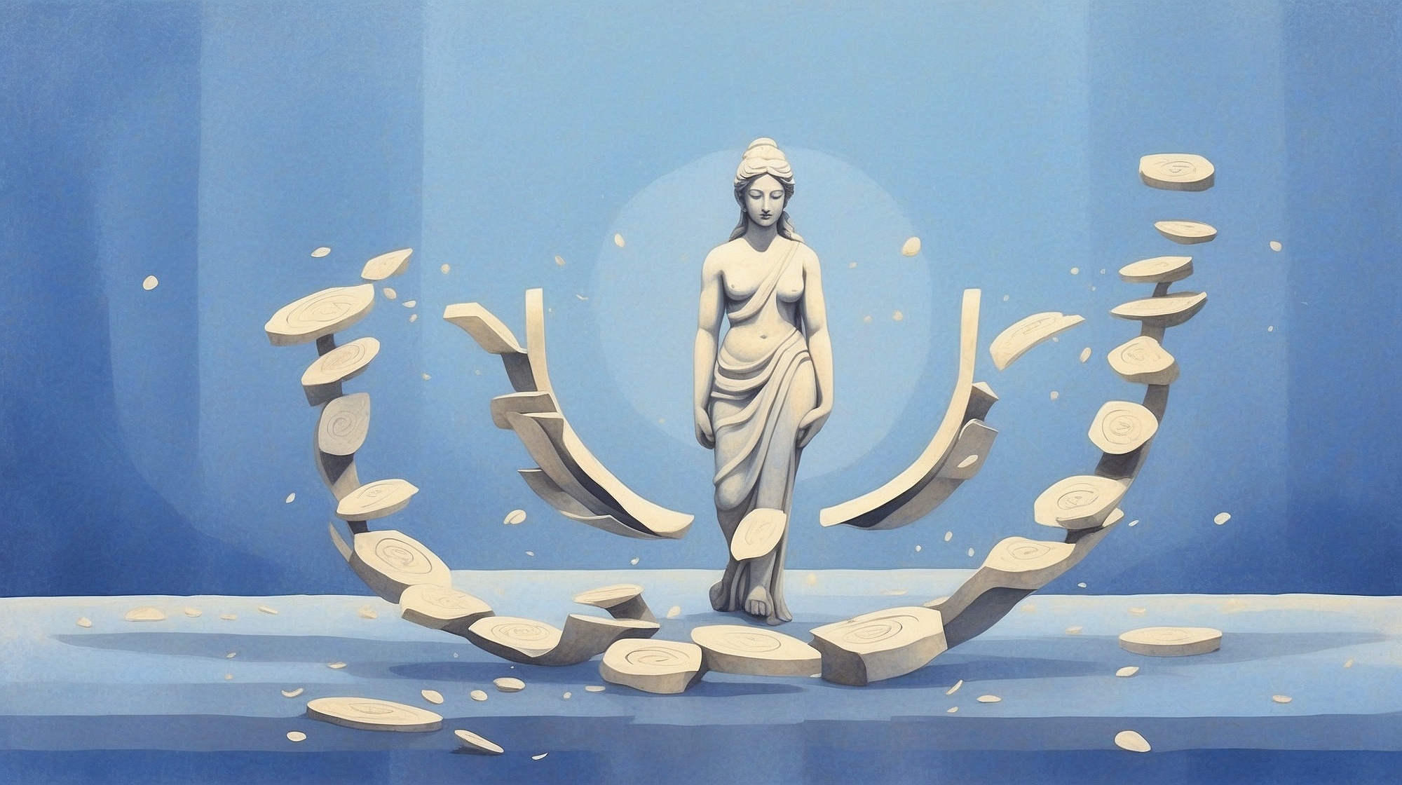 A symbolic balance scale surrounded by floating scrolls and light, set on a poetic, soft red background