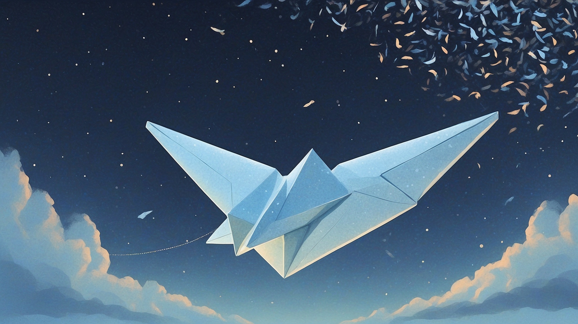 A glowing paper airplane flying from an open envelope through a soft, dreamy sky — symbolizing magical communication and connection.