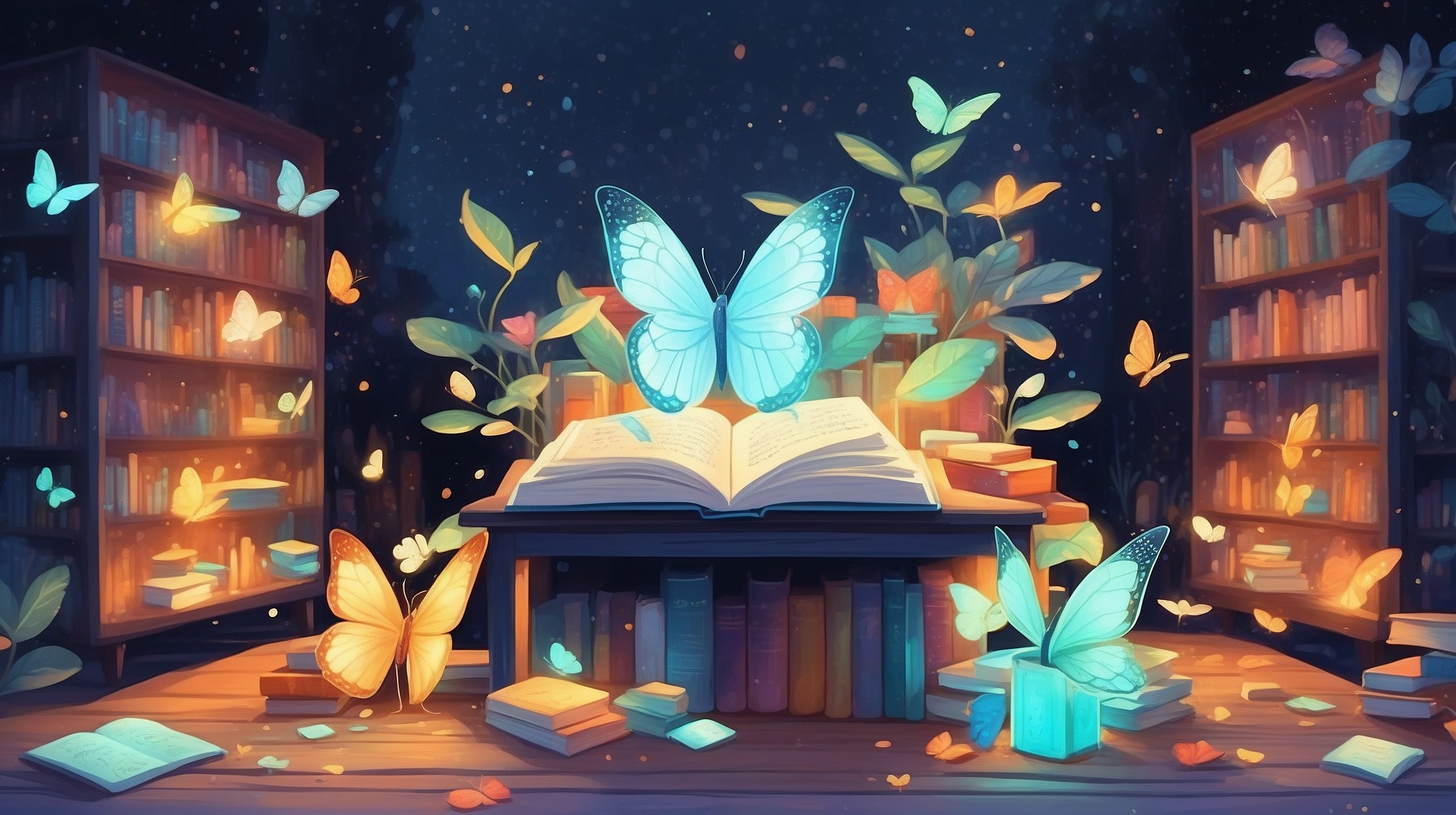 Whimsical and artistic digital marketplace scene for children and families, featuring a cozy, enchanted shop filled with glowing books, digital eCards fluttering like butterflies, floating journals with soft lights, magical shelves of story scrolls and colorful objects,