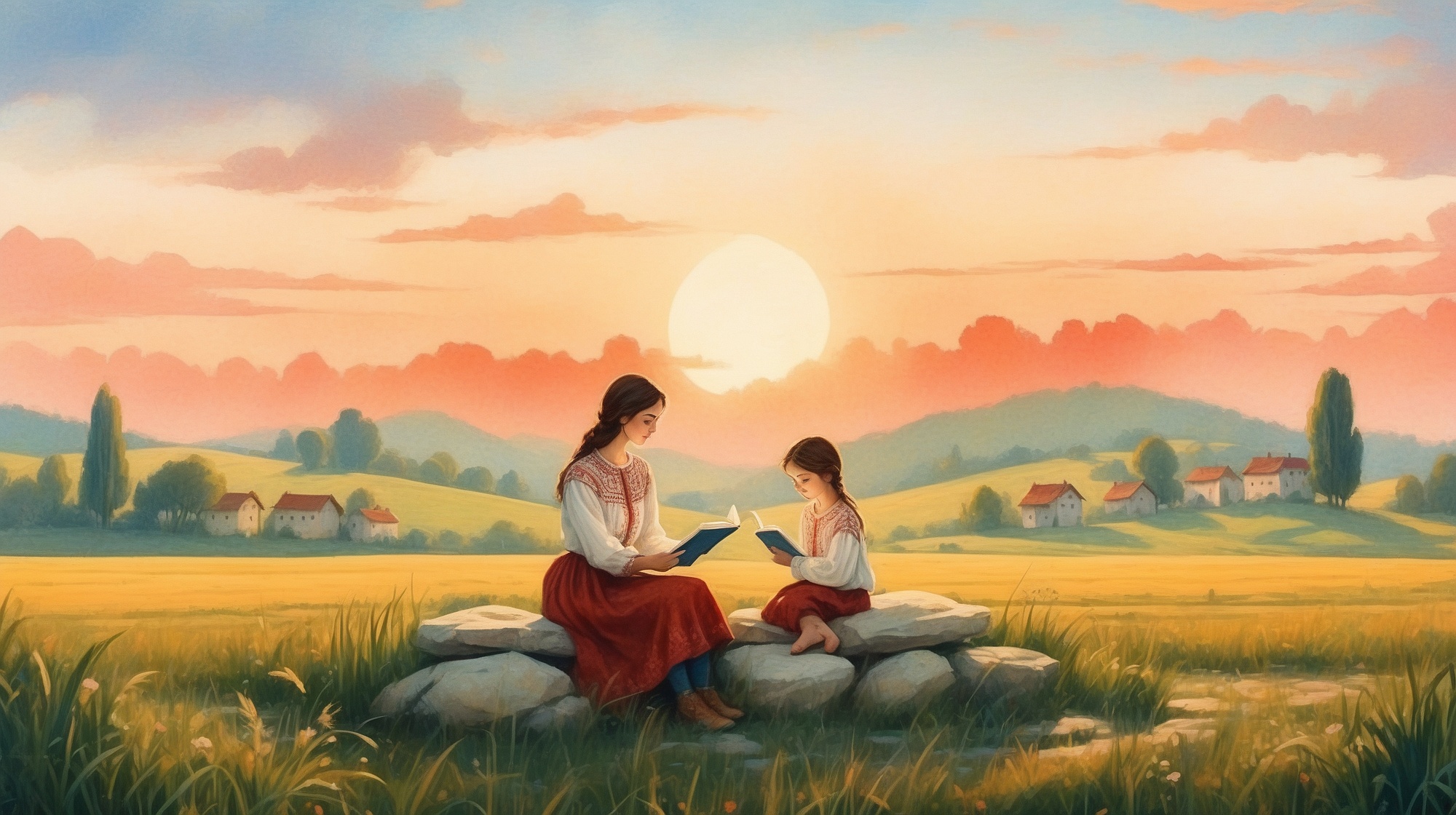A warm, poetic hero image featuring a gentle sunrise over a magical Romanian countryside,