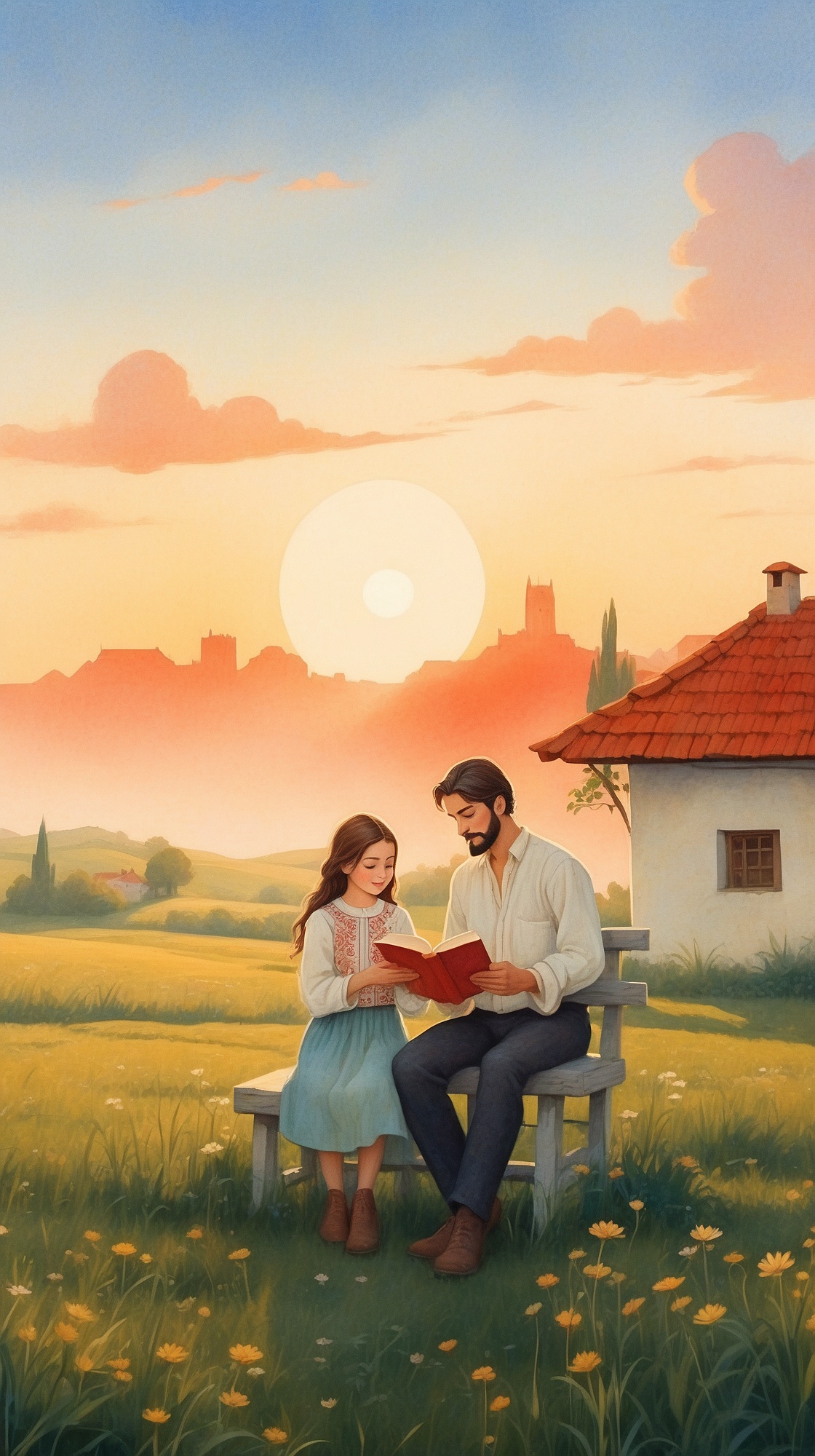A warm, poetic hero image featuring a gentle sunrise over a magical Romanian countryside, with subtle red and white tones, children and adults reading or creating together,