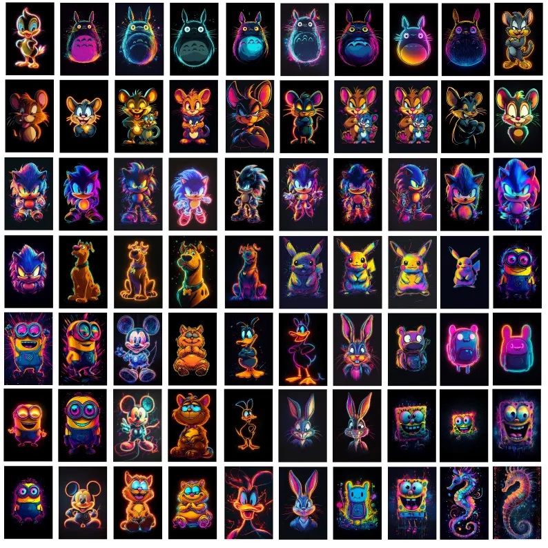 Tshirt PNG Bundle DTF / Pack of over 300 Colorful Neon T-Shirt PNG Designs with Cartoon Characters with Neon Glitter and Fun Designs. DTF, Sublimate High Quality and Beautiful Colors