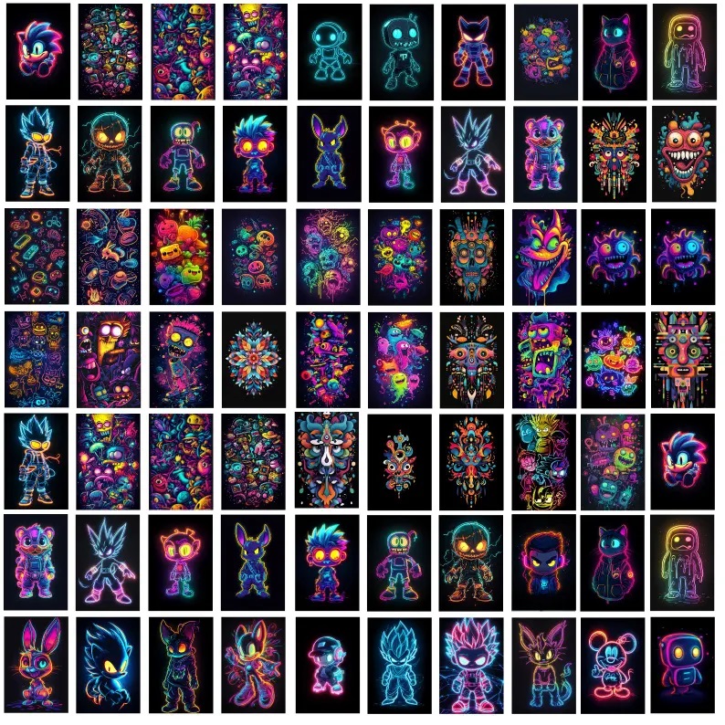 Pack of 300+ PNG t-shirts with cartoon characters with neon glow and funny designs. T-shirts for men, women and kids dtf tshirt design vectors.