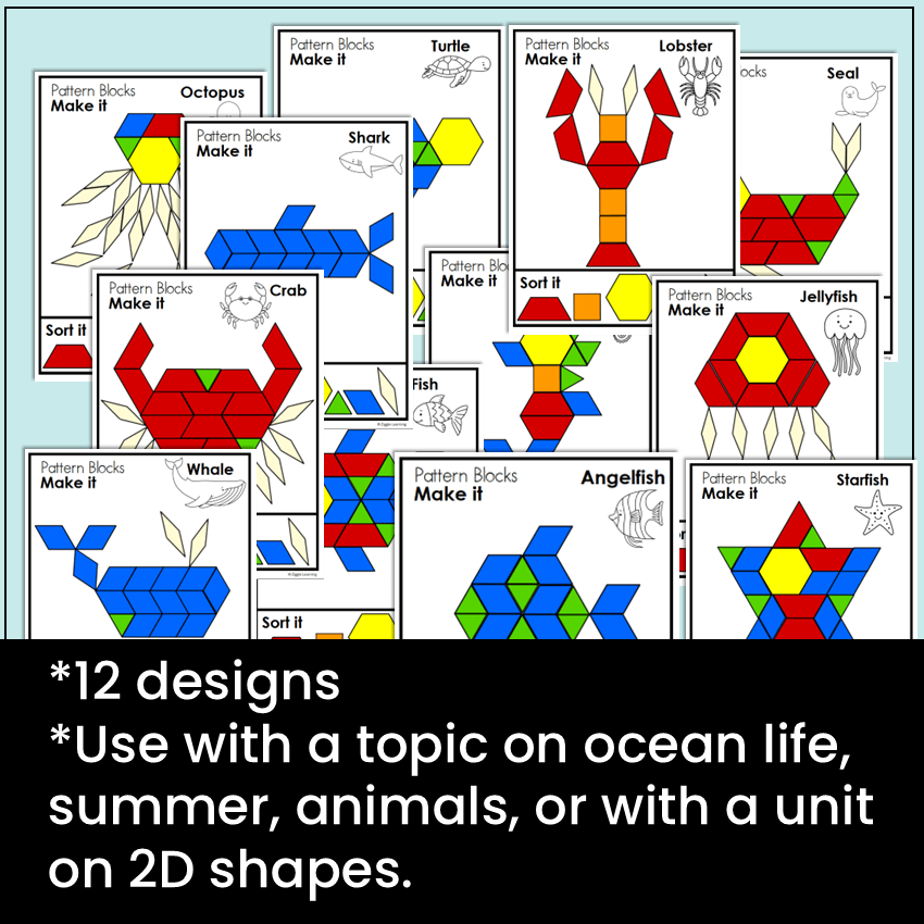 Ocean Animals Sea Creatures Pattern Block Mats Task Cards Math Center ...