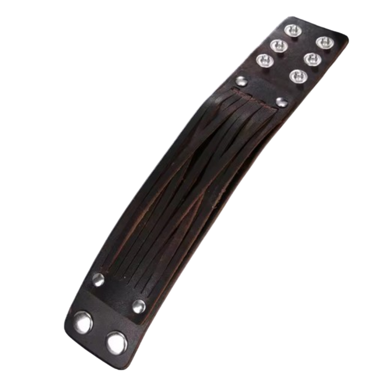 Dark brown genuine leather wide cuff bracelet, Woodland Gatherer style, featuring a thick band with intricately layered and crisscrossed leather straps, and three adjustable silver-tone snap closures. Mens rustic statement jewelry.