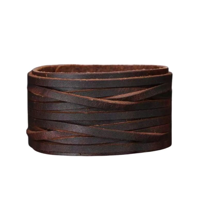 Dark brown genuine leather wide cuff bracelet, Woodland Gatherer style, featuring a thick band with intricately layered and crisscrossed leather straps, and three adjustable silver-tone snap closures. Mens rustic statement jewelry.