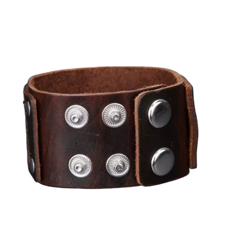 Dark brown genuine leather wide cuff bracelet, Woodland Gatherer style, featuring a thick band with intricately layered and crisscrossed leather straps, and three adjustable silver-tone snap closures. Mens rustic statement jewelry.