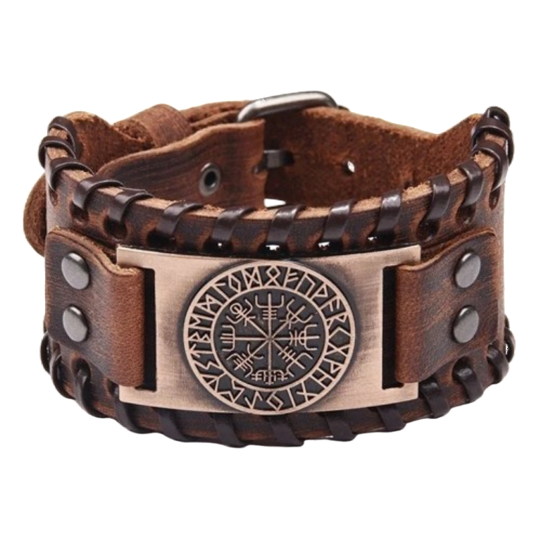 Mens wide brown leather Viking wristband featuring an antique bronze-tone metal plate embossed with the Vegvisir (Viking compass) symbol and a runic alphabet border. Detailed with dark brown leather braided edges and an adjustable buckle closure. Norse p