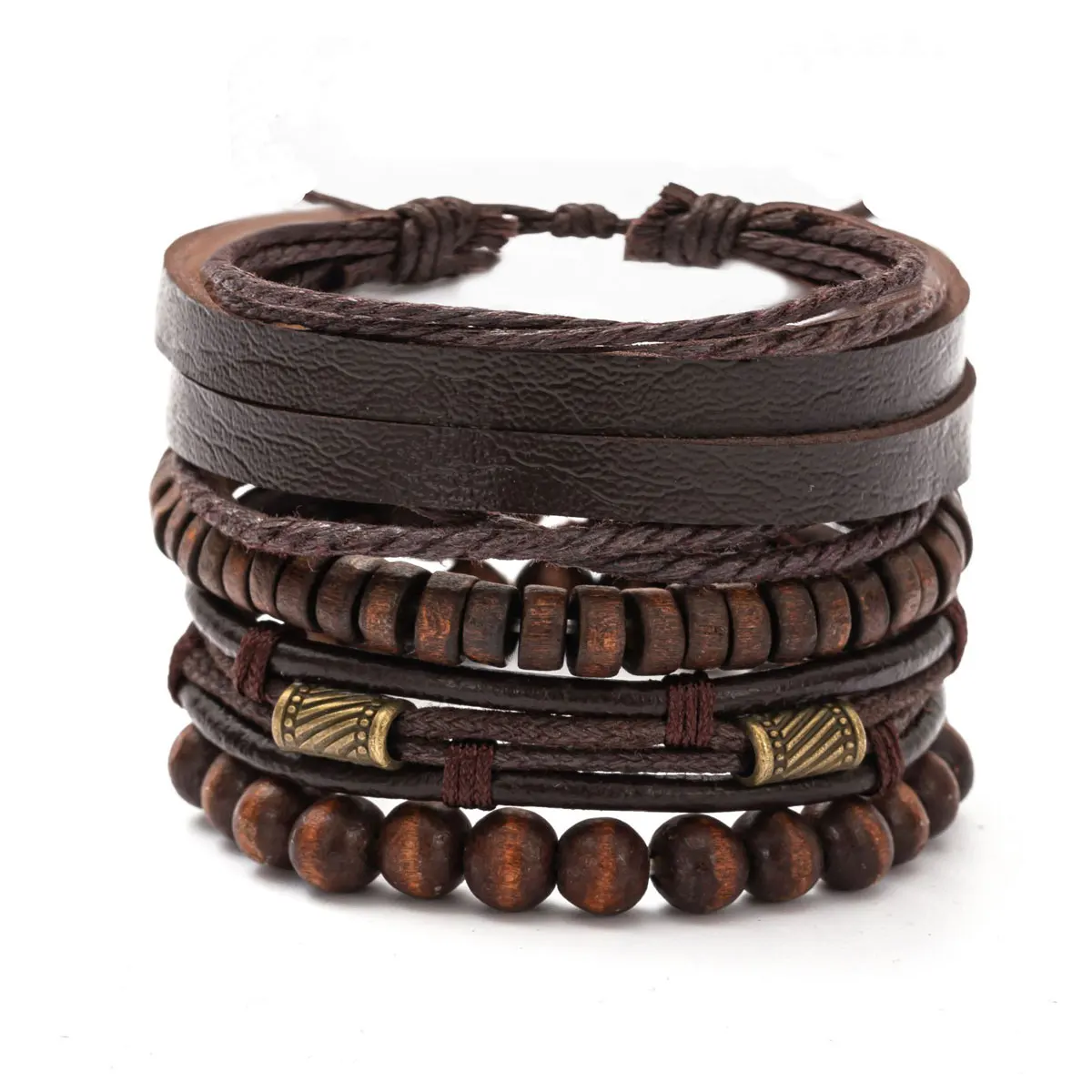 et of four adjustable mens bracelets in dark brown, including wooden bead designs and leather strap bracelets with metallic accents, displayed on a white surface. Part of a 4pcs Brown Braided Leather Bracelet Set.