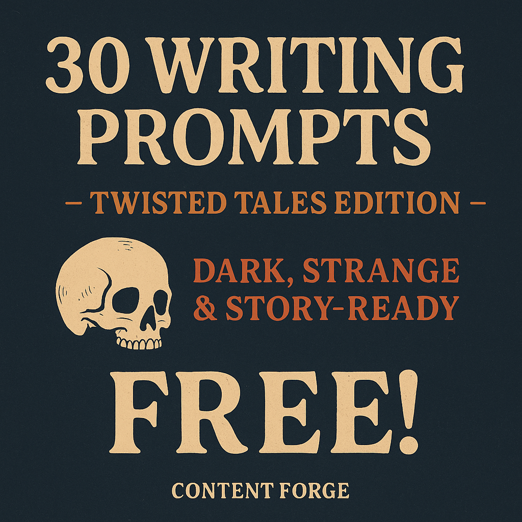 Promotional cover for 30 Writing Prompts – Twisted Tales Edition by Content Forge. Vintage skull design on dark background with bold FREE label. Dark fiction prompt pack.