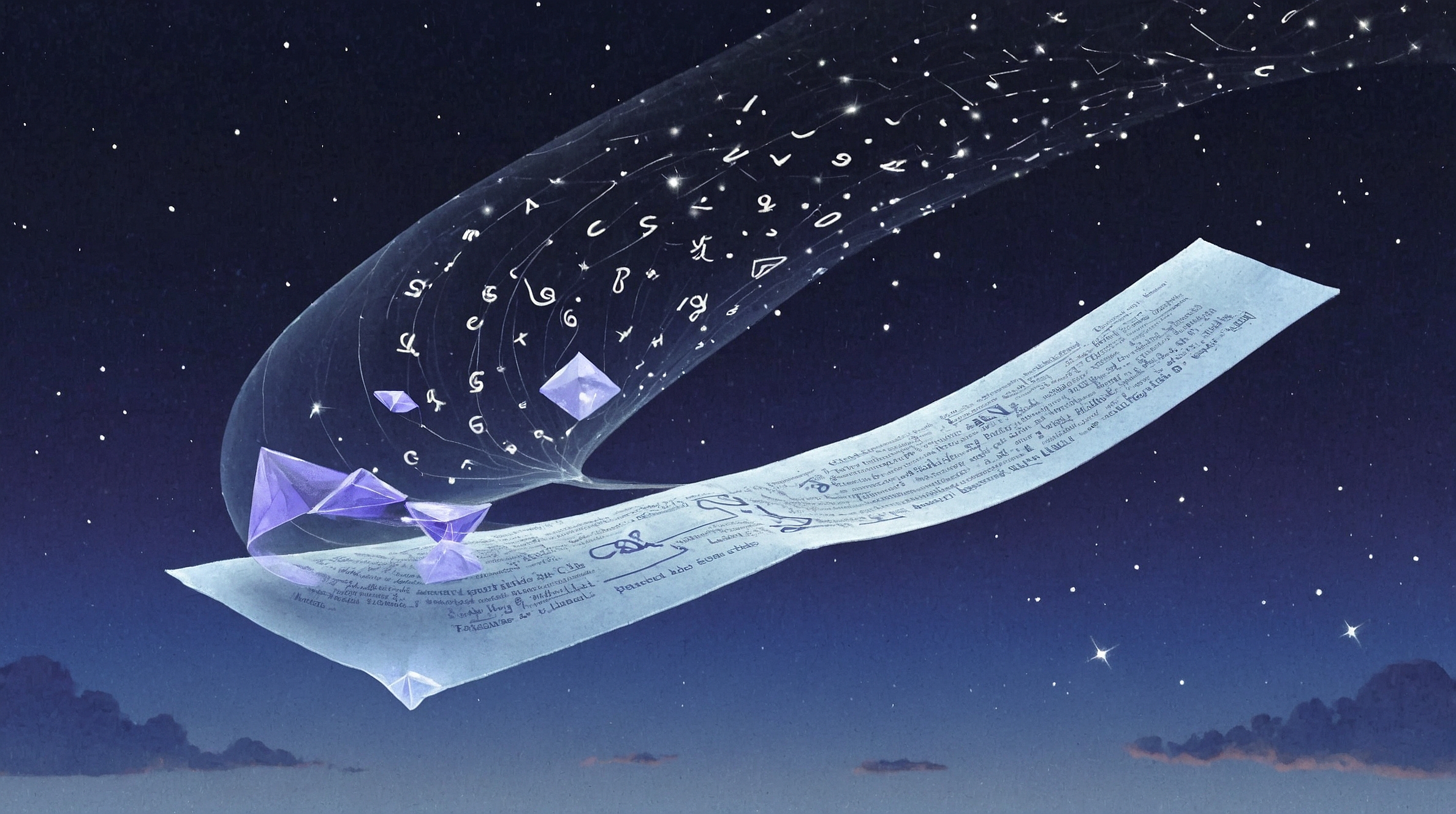 A dreamy, poetic digital storefront glowing softly in a twilight sky, with a floating scroll or parchment unraveling in the wind, revealing soft digital glyphs or poetic terms.