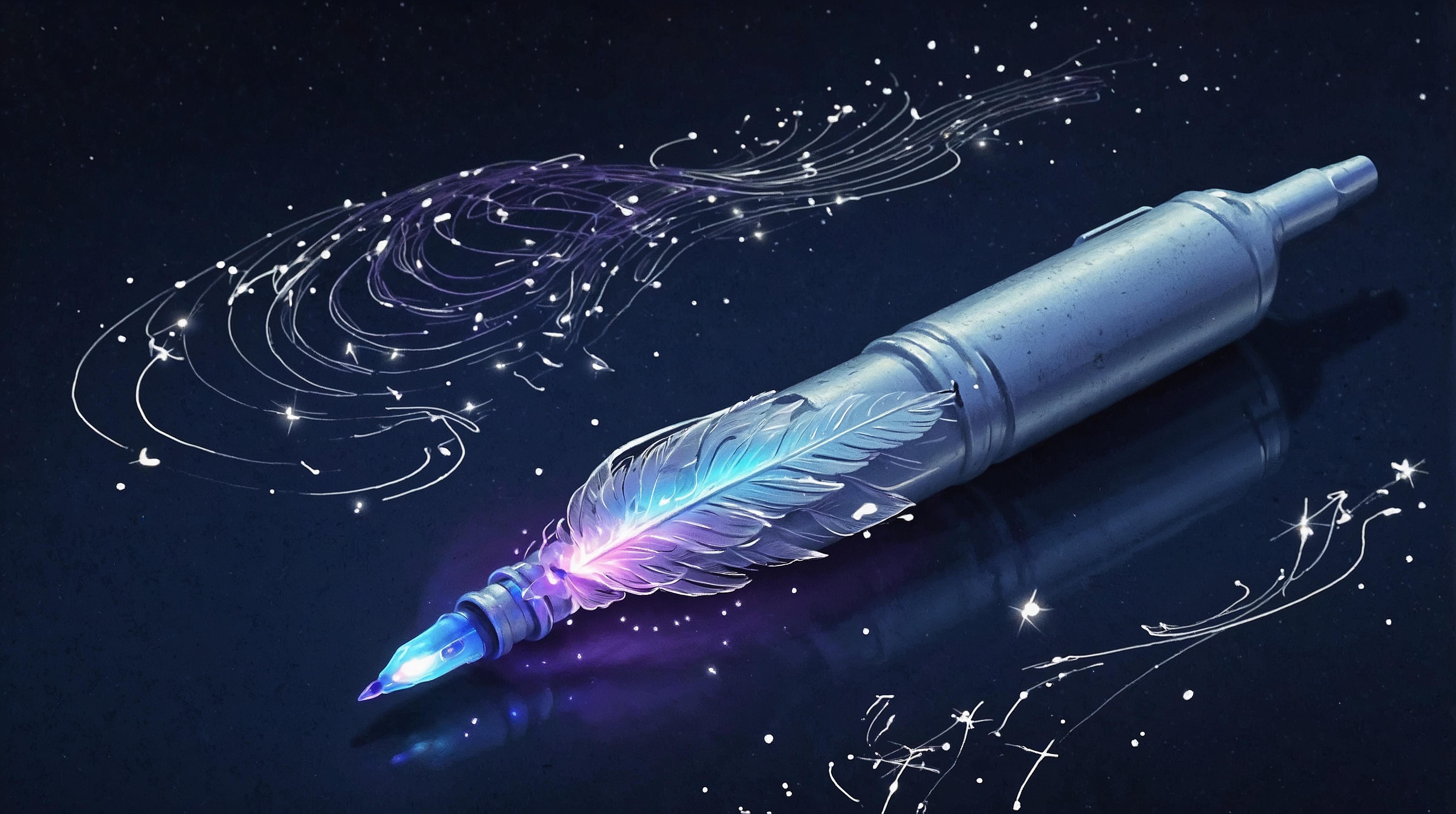 A glowing quill or fountain pen writing light into the air, with delicate trails forming constellations, symbols, and poetic illustrations — representing imagination, authorship, and digital rights.