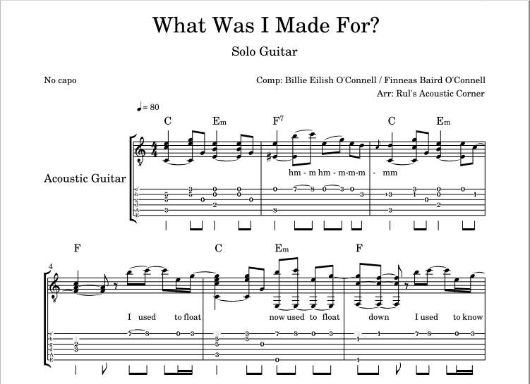 Billie Eilish - What Was I Made For? (Solo Guitar) Musical Notes Tabs PDF High Quality Download