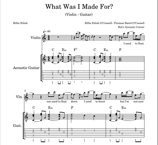 Billie Eilish - What Was I Made For? (Violin Guitar) Musical Notes Tabs