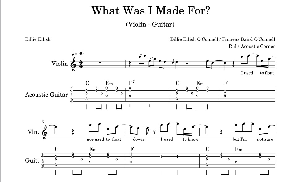 Billie Eilish - What Was I Made For? (Violin Guitar) Notes Tabs