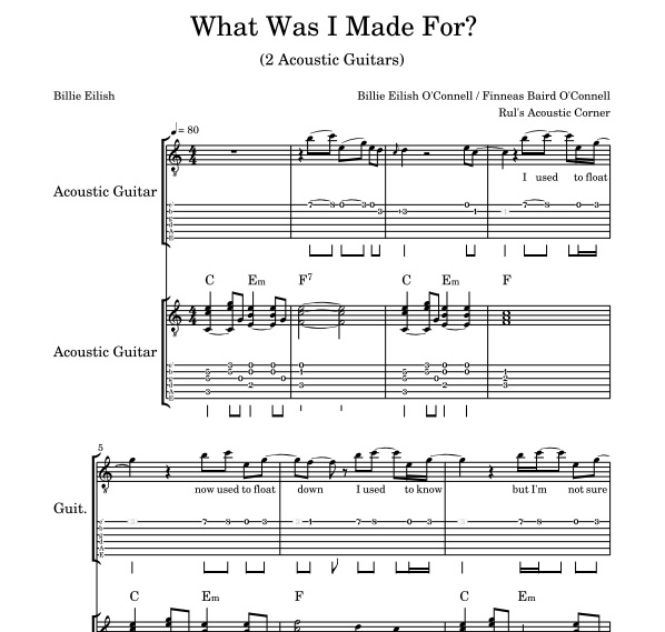 Billie Eilish - What Was I Made For? (2 Acoustic Guitars) Musical Notes Tabs