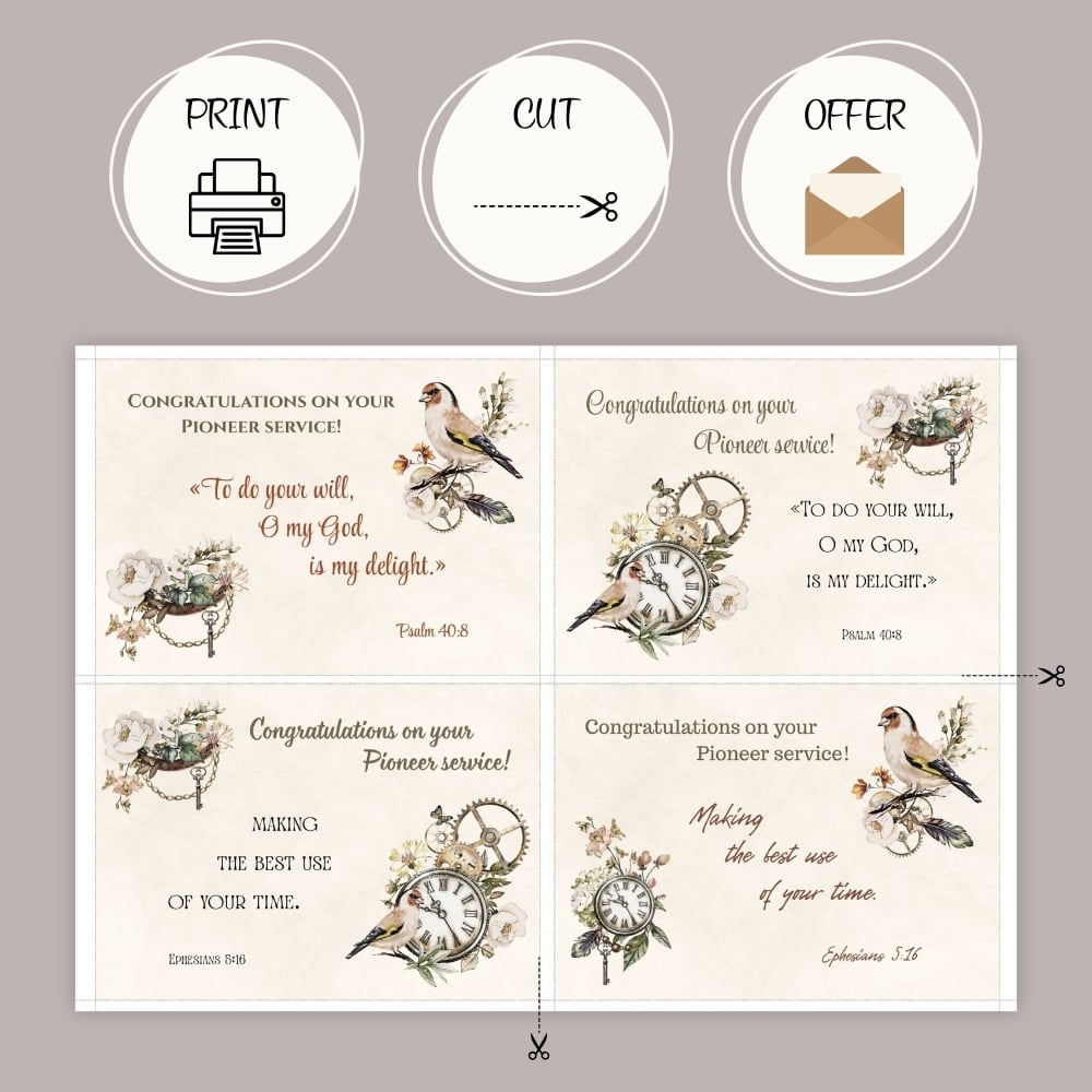 JW Pioneer Service Congratulations Cards - 4 vintage or white background cards